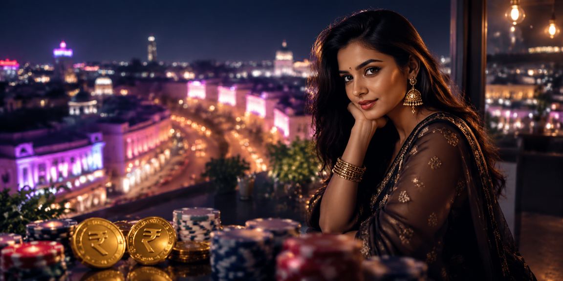 Night city view with casino and entertainment signs and Indian Rupee symbol