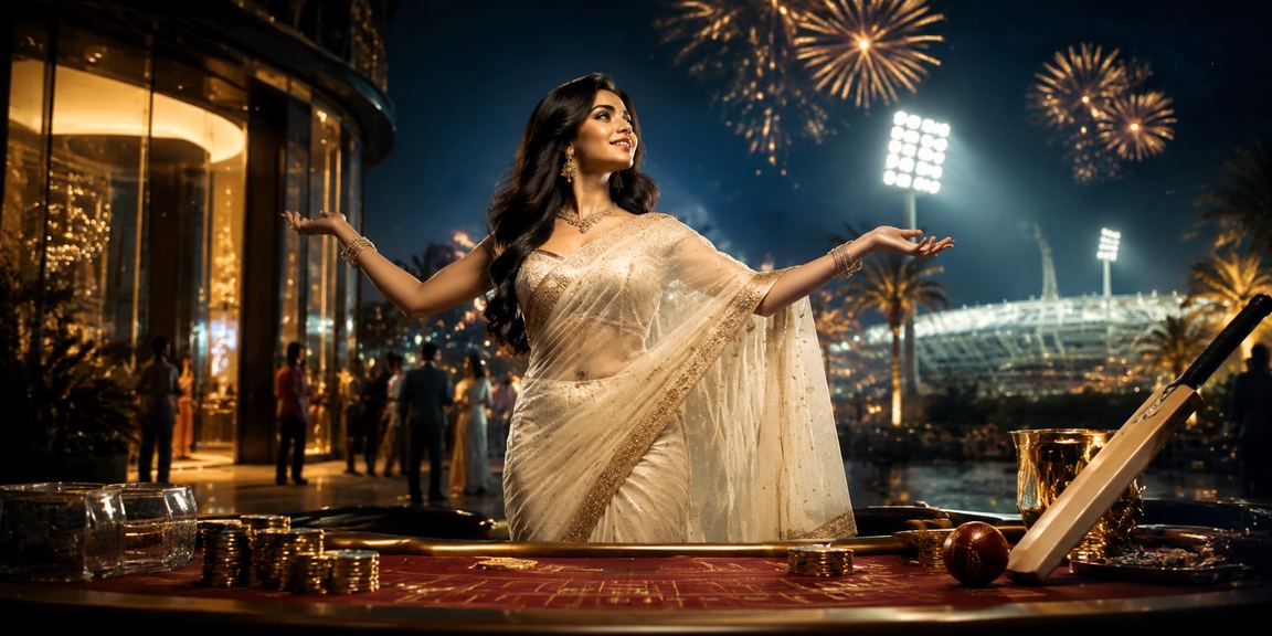 Woman enjoying sports betting on mobile device in traditional saree