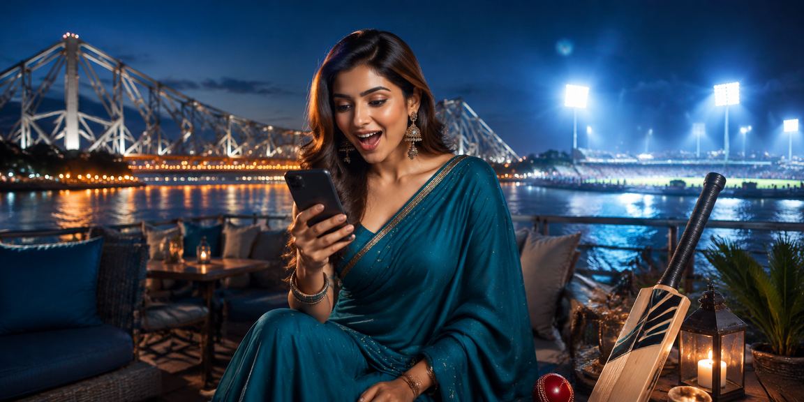 Cricket fans in colorful sarees place bets near Howrah Bridge in Kolkata during cricket festival seasons