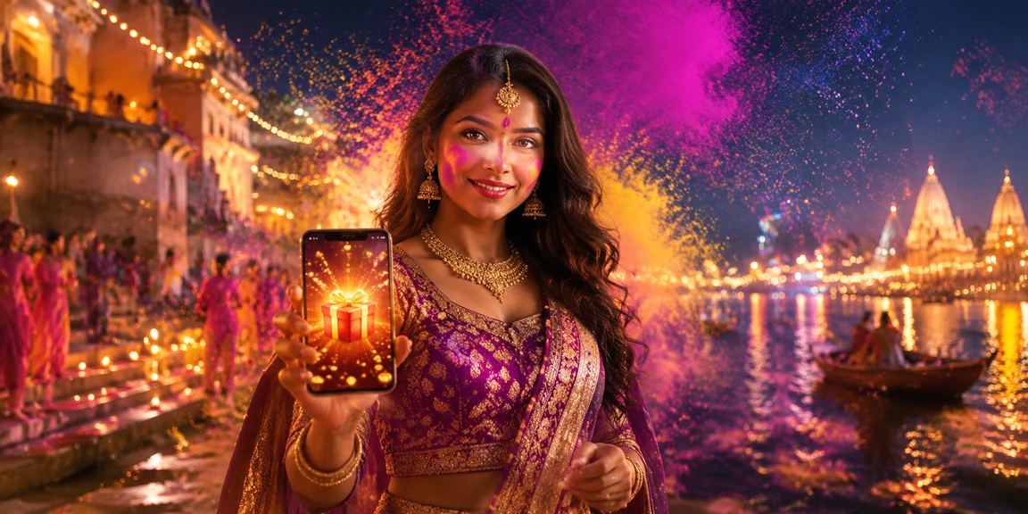 Users celebrating Holi festival while enjoying casino games app in Varanasi